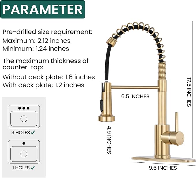 Kitchen Faucet with Pull Down Sprayer, Brushed Gold | 2-mode sprayer, 360° high arc spout, 304 SS build, drip-free valve, fingerprint-resistant, DIY install, NSF certified