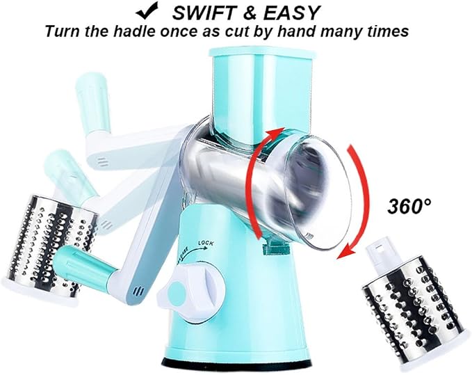 Cambom Rotary Cheese Grater Hand Crank Cheese Shredder for Fresh Cheese, Vegetable, Nuts,Non-slip Suction Base，Three Blades,Blue