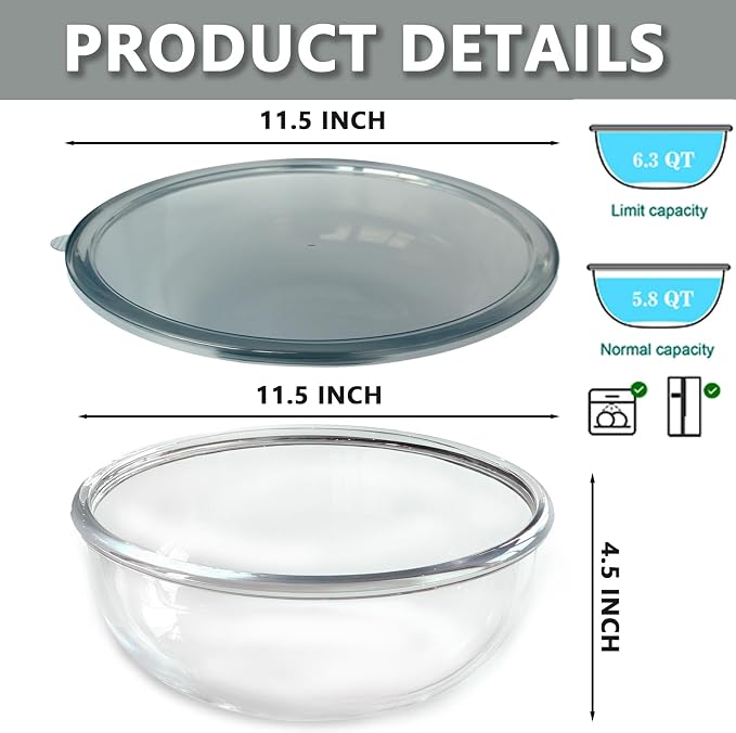 Large Glass Mixing Bowl with Lid,6.3 Quart Thickened Bowl Edges Clear Glass Salad Cooking Bowls for Sourdough, Salad and Storage Prepping