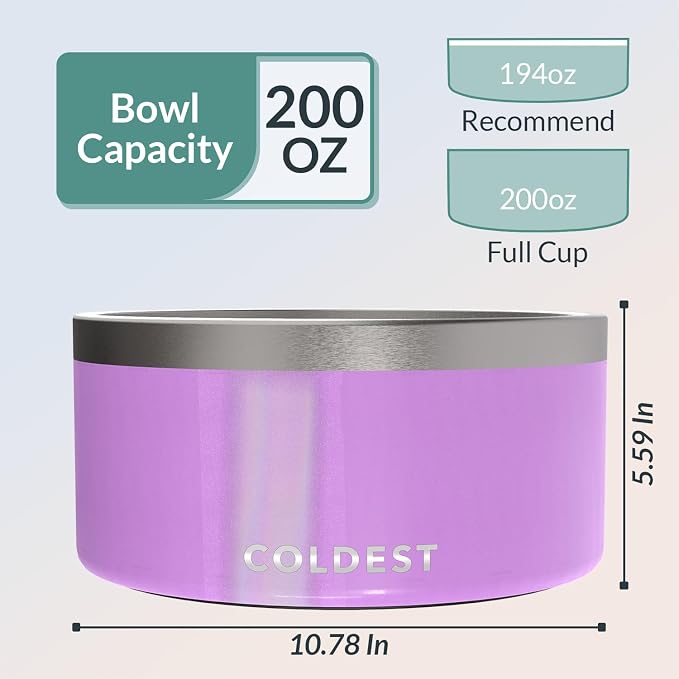 Coldest Dog Bowl - Anti Rust Metal, Non Slip, 3 Layers Insulated Stainless Steel Dog Bowls - Spill Proof & Heavy Duty - Water Bowl for Dogs, Cats, Dish Washer Safe (200 oz, Saturns Purple Glitter)