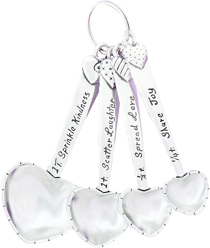 Heart Shaped Pewter Measuring Spoons Set of 4 Kindness Laughter Love Joy