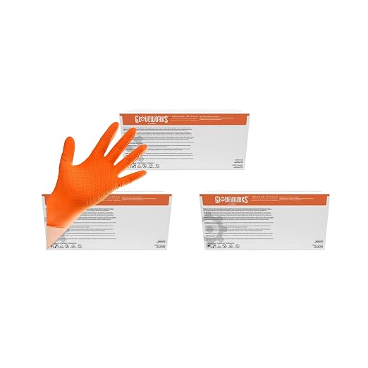 GLOVEWORKS Orange Nitrile Work Gloves, 8 Mil Disposable Heavy Duty, Raised Diamond Grip Mechanic Glove, XXL, 3 Cases of 1000
