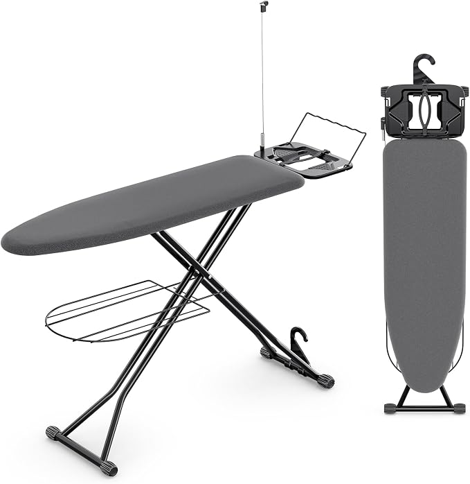 KINGBOARD Ironing Board, Compact Iron Board Full Size with Extra Thick Cover, 7 Adjustable Heights Stand with Hanger and Iron Rest, Large Heavy Duty Ironing Board with Storage Tray, 13x43 Black