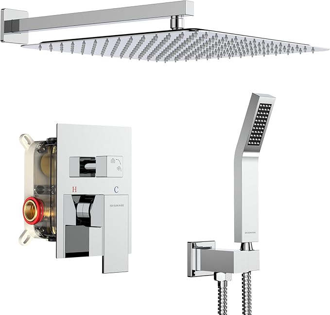 SR SUN RISE Polished Chrome Square Rainfall Shower Head and Handle Set, Wall Mounted Shower Fixtures, Metal Shower Faucet Trim Repair Kits (With Shower Valve) 16 Inches