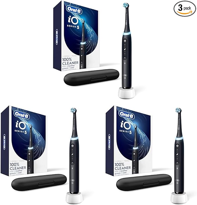 Oral-B Rechargeable Electric Toothbrush, iO5 Customizable Clean, 5 Cleaning Modes, Visual Pressure Sensor to Protect Gums, Travel Case, Black (Pack of 3)