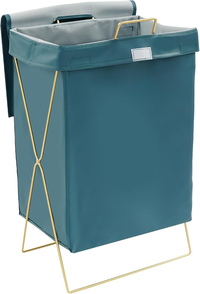 X-Frame Laundry Basket with Lid, Foldable Laundry Hamper, Gold Metal Collapsible Bag Sorter Organizer, Luxury Folding Dirty Clothes Washing Bin (Gold Fram+ Blue Bag)