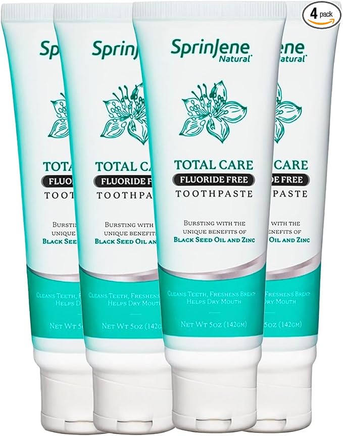 SprinJene Natural Total Care Fluoride Free Toothpaste – Patented Formula with Black Seed Oil & Zinc – Dry Mouth Toothpaste for Fresh Breath & Strong Teeth – Made in the USA (4 Pack)
