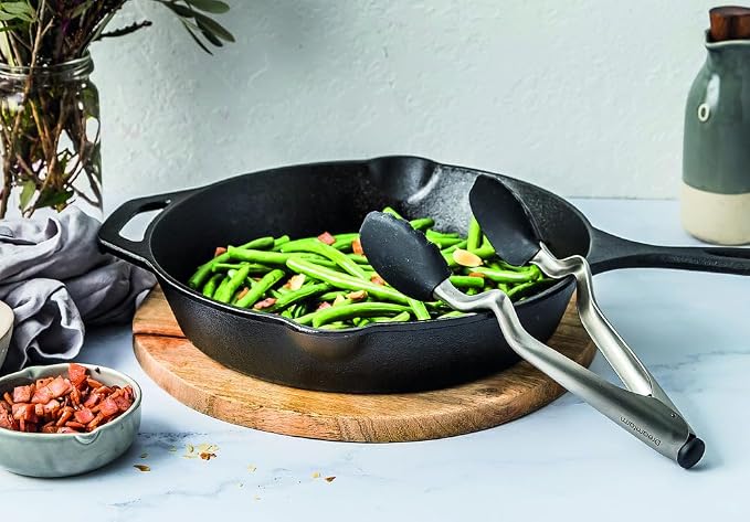Dreamfarm Clongs Grippy Silicone & Stainless Steel Kitchen Cooking Tongs with Click-Lock Open & Close - 9" Black | Stainless steel, strong-grip non-stick safe tips, one-handed button lock open and close, sit-up handles for mess free benches