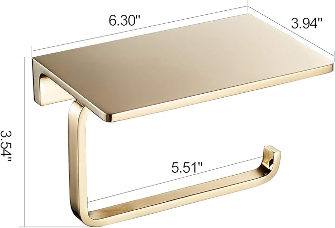 Toilet Roll Paper Holder Bathroom Solid Brass and Superior Hotel Style Wall Mount Tissue Roll Holder with Phone Shelf Bright Gold Finished