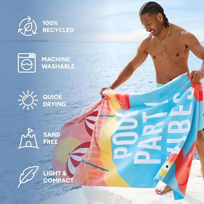 Dock & Bay Beach Towel - Quick Dry, Sand Free - Compact, Lightweight - 100% Recycled - Includes Bag - Pool Party Vibes - Extra Large (200x90cm, 78x35)