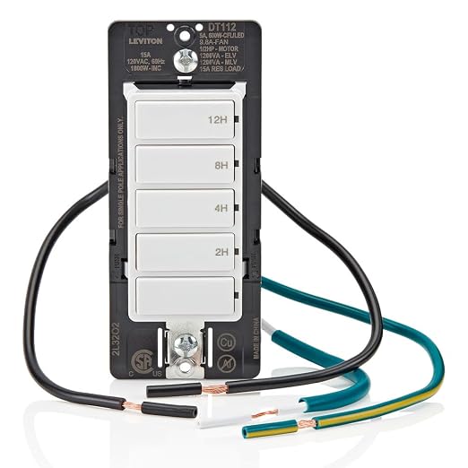 Leviton Countdown Timer Switch for household lights, heaters and exhaust fans, 2-4-8-12 hour, No Neutral Wire Required, Single Pole, 15A, 1/2 HP/9.8A Fan/Motor, DT112-1LW, White