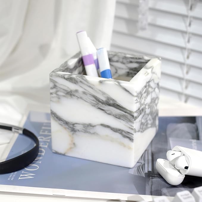 Natural Marble Makeup Brush Holder for Vanity, Toothbrush Holder for Bathroom, Luxurious Countertop Organizer, Arabescato White Bathroom Accessories