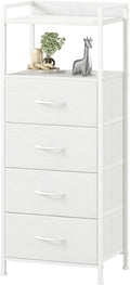 Somdot White Nightstand with 4 Drawers, Vertical Storage Tower Fabric Dresser for Bedroom, Bedside Table Furniture, Sturdy Steel Frame, Wooden Top & Easy Pull Fabric Bins