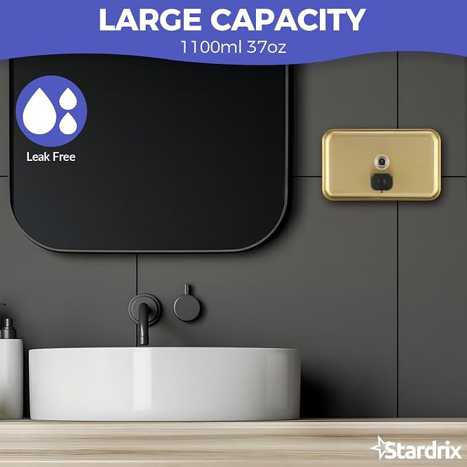 Stardrix Brushed Gold Stainless Steel Horizontal 1100ml/37oz Capacity Commercial-Grade Soap Dispenser, Wall-Mounted Bathroom Hand Soap Dispenser with Corrosion-Proof Lining and Anti-Leak Pump