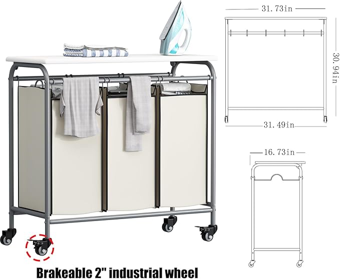 LINZINAR 3-Bag Laundry Hamper with Ironing Board, Beige 135L Laundry Sorter | Laundry Room Organization with Heavy Duty Rolling Lockable Wheels and Removable Bag, Bedroom Laundry Cart for Clothes Storage
