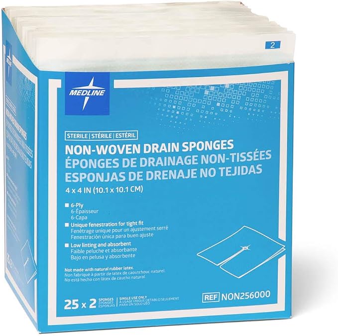Medline Nonwoven Drain Sponges, Sterile, 6-Ply Gauze, 4" x 4", 2 Count (Pack of 300)