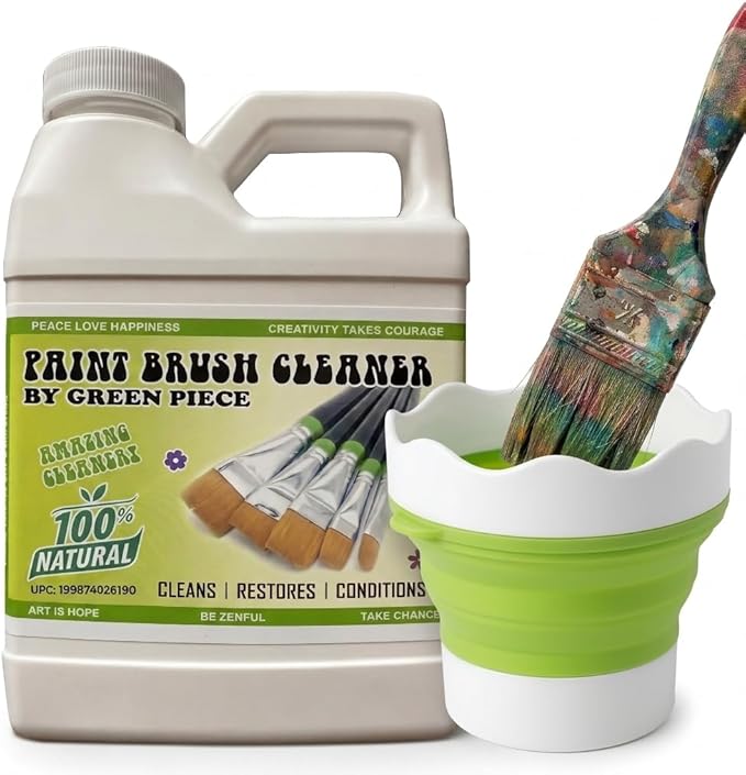 Green Piece® Paint Brush Cleaner & Restorer with Collapsible Silicone Cleaning Container – Natural Non-Toxic – Cleans Acrylic, Latex, Oil & Shellac Paint – Paint Brush Washer Cup – Made in USA – 18 Oz
