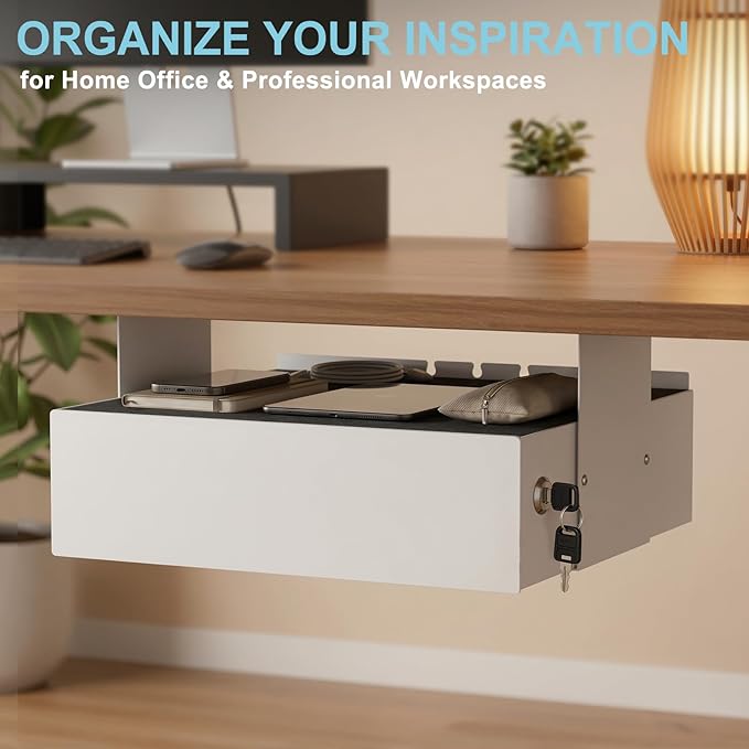 Under Desk Slide Out, Lockable Steel Storage Drawer with Lock and Keys, Full-Extension Slides, Undermount Drawer for Home Office & Standing Desk, 13.8 Inch, White