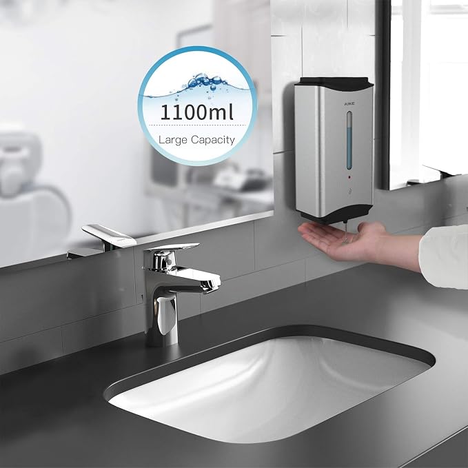 AIKE Heavy Duty Automatic Soap Dispenser,37oz for Bathroom,Brushed Steel | 5-Level and Savety Key for Commercial(4*AA Batteries Not Included),Screw Wall Mount for Space-Saving,Stainless Steel AK1206
