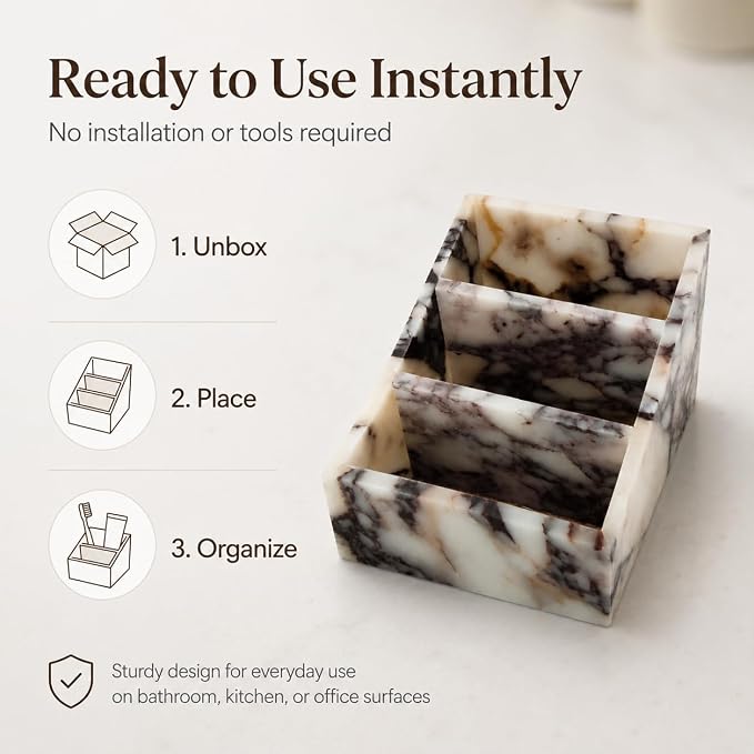 Luxury 3-Compartment Natural Marble Desk Organizer - Solid Stone Pen Holder, Makeup Brush Holder & Vanity Countertop Storage Box for Office Supplies, Bathroom Essentials, Home Decor