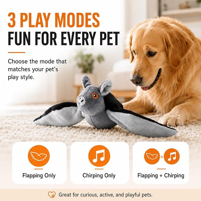 Flying Bat Toy for Dogs & Cats Realistic Bat Flight Flapping Wings Interactive Pet Toy with Chirping Mimics Real Flying Motion Detachable USB Rechargeable Hanging and Ground Play，2sets