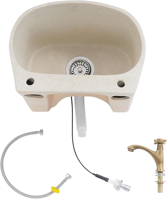 Garden Floor Mop Sink Set 16x13x16in, Ceramic Utility Mop Basin with Faucet and Button Drainage Large Capacity Mops Bucket for Garage Laundry Room Bathroom and Outdoor