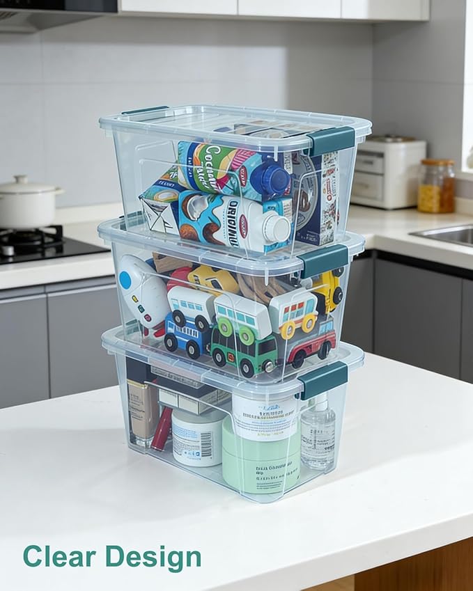 Storage Bins with Lids 6 Pack Clear Storage Containers, 7 Quart Stackable Plastic Containers with Secure Buckle Latch, Durable Storage Box Organizer for Pantry, Closet, Office & Classroom, Blue