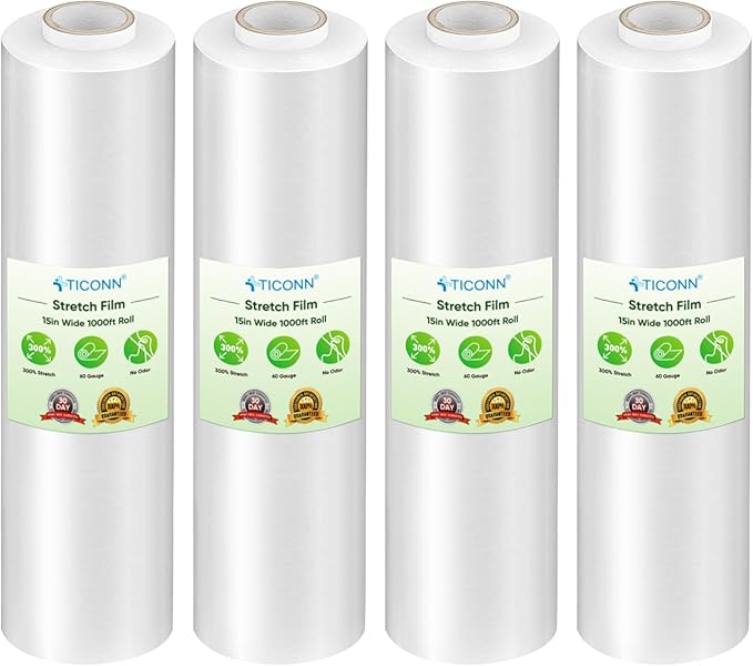 TICONN 4Pk Stretch Wrap Stretch Film Roll, 1000ft Industrial Strength 15 inch Wide Clear Plastic Wrap for Pallet Wrapping Shipping Moving (No Handles)