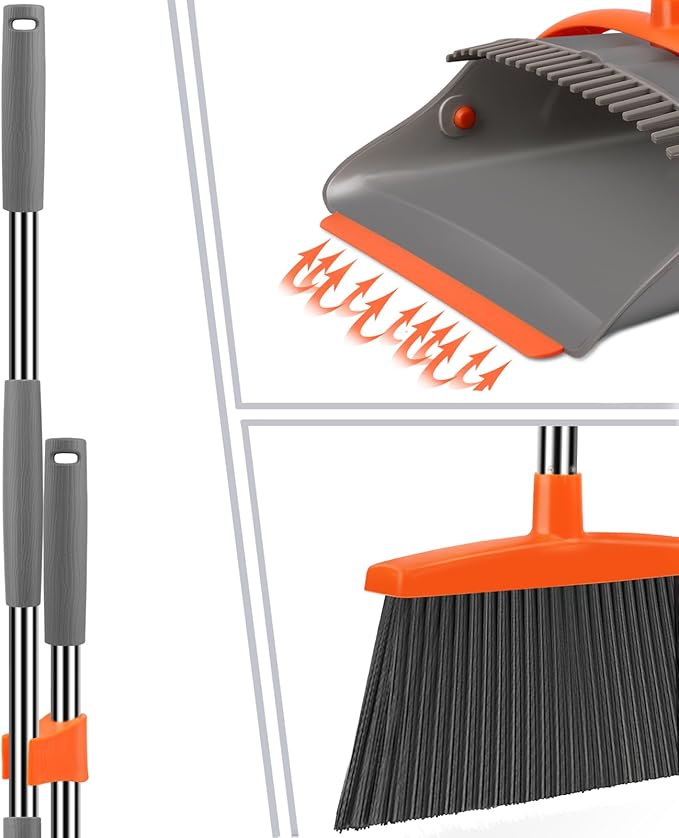 Ivandar Broom and Dustpan Set for Home, Broom and Dustpan Combo for Office, Long Handle Broom with Upright Standing Dust pan,Indoor&Outdoor Sweeping (Gray&Orange)