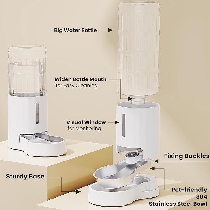 CZPET Dog Water Bowl Dispenser 9.5L, Wider Mouth Gravity Refilling (White) | With Stainless Steel Bowl Gravity Waterer, Large Capacity and Drinking Area Noise-Free for Pets
