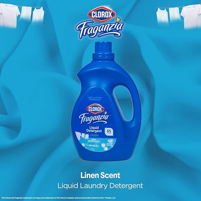 Clorox Fraganzia Liquid Laundry Detergent, Linen Scent - High Efficiency Formula for All Front and Top Load Washing Machines, Long-Lasting Fragrance, 65 Loads per Bottle, 100 Fl Oz - 3 Pack
