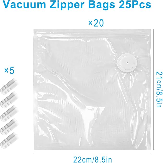 MEGAWISE Vacuum Zipper Bags 20Pcs (8.5 * 8.5in), BPA Free, Reusable Food Storage Bags with Air Valve for Sous Vide Cooking/Freezer/Microwave Heating, with 5 Seal Clips.