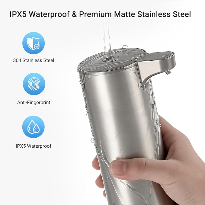 LAOPAO Automatic Foaming Soap Dispenser, Matte Stainless Steel Touchless Soap Dispenser with Self-Clean Mode, 1500mAh Rechargeable USB-C, IPX5 Waterproof Anti-Clogging Foam Pump for Kitchen & Bathroom