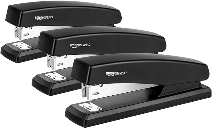 Amazon Basics Desktop Office Stapler, Lightweight, 25 Sheet Capacity, Non-Slip, Black, 3-Pack with 1000 Staples