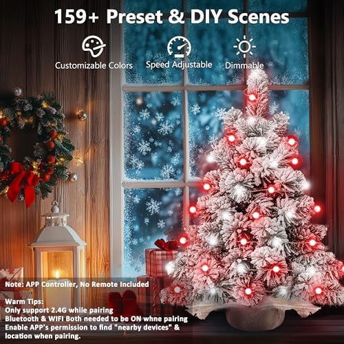 Brizled Snow Flocked Smart Christmas Tree, 22.8in Mini Christmas Tree with 100 LED RGB Lights, App/Voice Control 159+ Scenes Tabletop Xmas Tree USB C Small Tree Work with PD Power for Fireplace Desk
