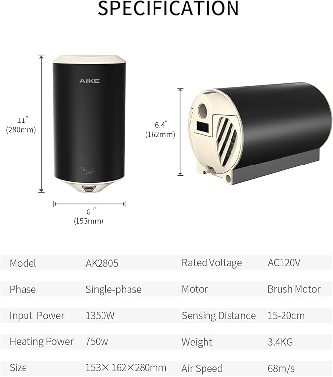 AIKE Air Focus Compact Hand Dryer UL Listed 120V 1350W Dark Beer Custom