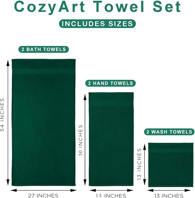 COZYART Luxury Bath Towel Set 6 Pcs, Dark Green 100% Turkish Cotton 650 GSM | OEKO-Tex 100 Certified Zero Twist Ring Spun, Soft Absorbent Quick Dry, Plush Fluffy, Breathable Hotel Quality for Daily Use