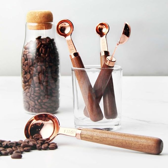 Healeved Measuring Spoon and Cup Set and Stainless Steel Construction 8pcs with Walnut Handle Double Graduated Units, Easy to Use and Clean, for Cooking and Baking