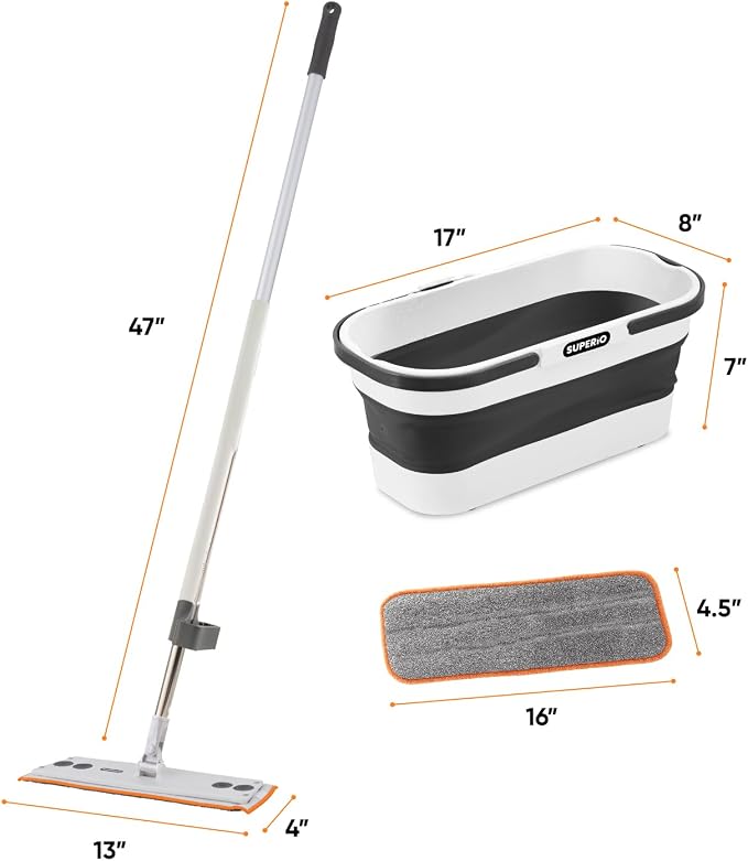 Superio Fold N' Go 10L Collapsible Mop Bucket with Wheels, Self-Wringing Microfiber Flat Mop & 8"x4.5" Reusable Pad - Portable, Hands-Free Cleaning Set for Home & Outdoor Use