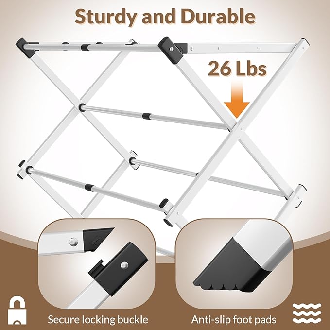 Foldable Clothes Drying Rack - 3-Tier Laundry Drying Rack, Collapsible Metal Indoor Airer, Portable X-Type Clothing Dryer with Shoe Hanger for Home & Balcony (No Assembly Required)