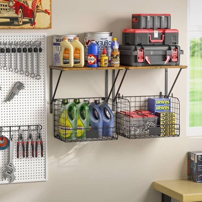 ThreeHio 2 Pack Garage Shelves Wall Mounted with Wire Storage baskets, Heavy Duty Garage Wall Shelving with Hooks, Wooden floating shelves Tool Organizer for Home Garden Garage Organizers and Storage