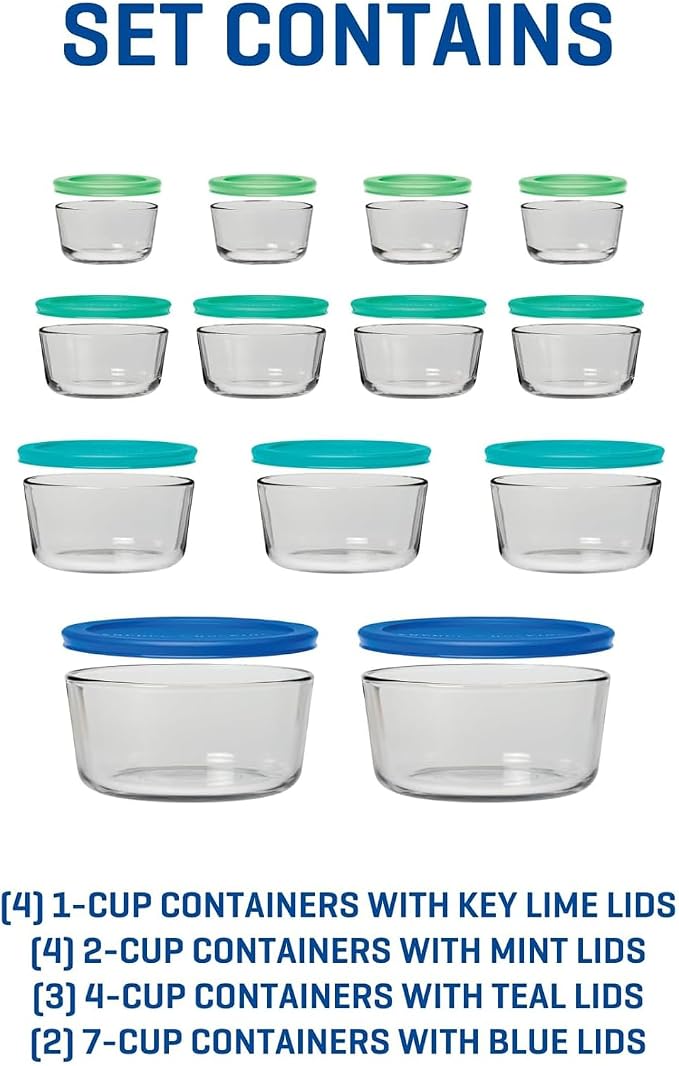 Anchor Hocking 26 Piece Glass Storage Containers with Lids (13 Glass Food Storage Containers & 13 Mixed Blue SnugFit Lids)