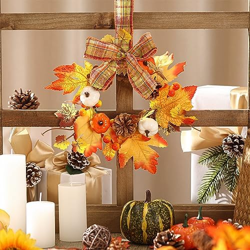 Syhood 2 Pcs 9 Inch Small Fall Wreath for Cabinet Mini Fall Wreath