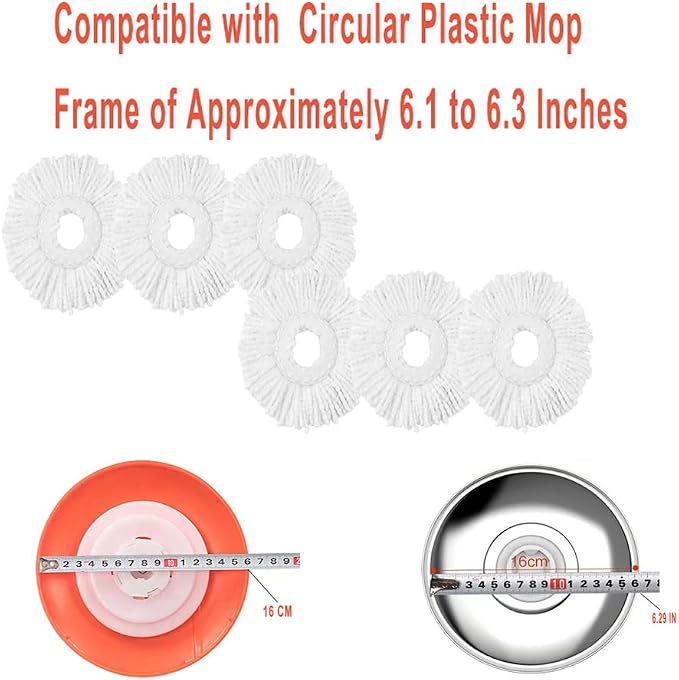 Standard Size 6-Pack Spin Mop Refills Replacement for 360° Spin Mop Systems | White Round Easy-Cleaning Spin Mop with Bucket Head – Reusable & Deep-Cleaning,High-Absorbency