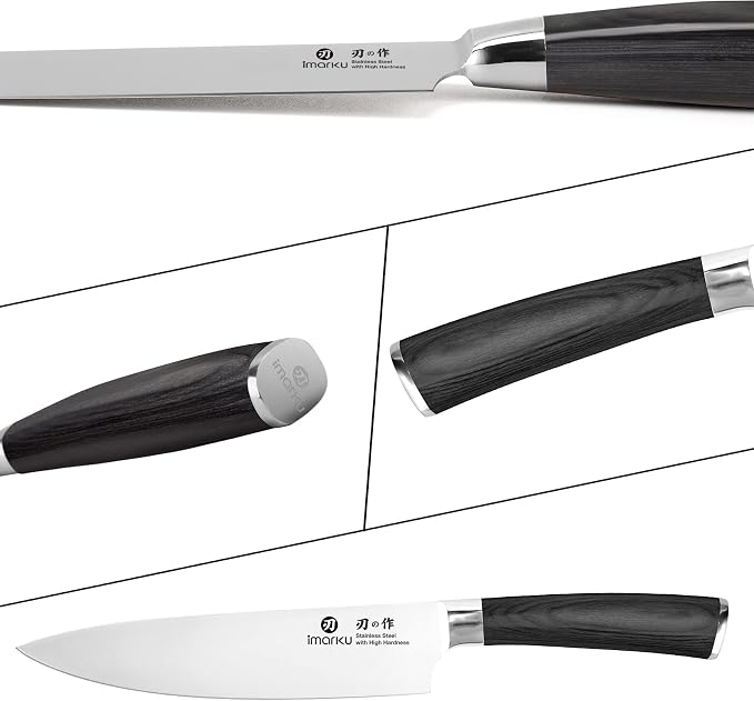 imarku 8 Inch Japanese SUS440A Stainless Steel Gyutou Chef Knife, Black | Ultra sharp kitchen knife blade, smooth polished cutting edge, comfortable Pakkawood grip, premium gift for men and women