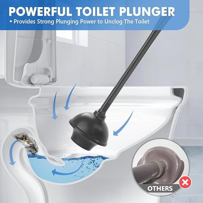 Toilet Plunger and Brush, 2 Pack Bowl Brush and Heavy Duty Toilet Plunger Set with Ventilated Holder, 2-in-1 Toilet Brush and Plunger Combo for Bathroom Cleaning (Black)