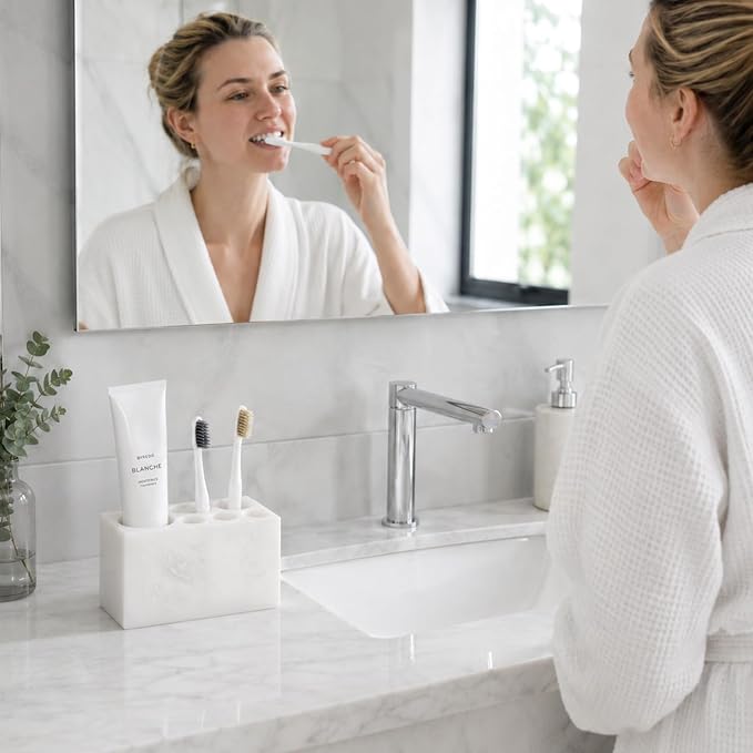 BCS Toothbrush Holder for Bathrooms, 6 Slots Open-Bottom Marble Toothbrush Organizer, Makeup Brush Stand Toothbrush Storage Collection for Bathroom Countertop Vanity Organization - Namib Bianco