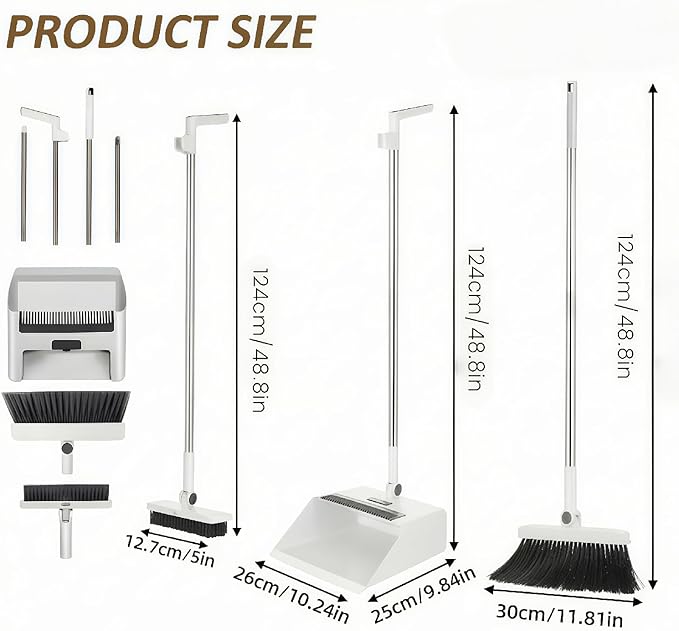 3in1 Broom and Dustpan Combo with Cleaning Teeth, Adjustable Long Handle, 180° Rotating Broom,Ideal for Pet Hair, Indoor Outdoor Heavy Duty Floor Sweeping (White)