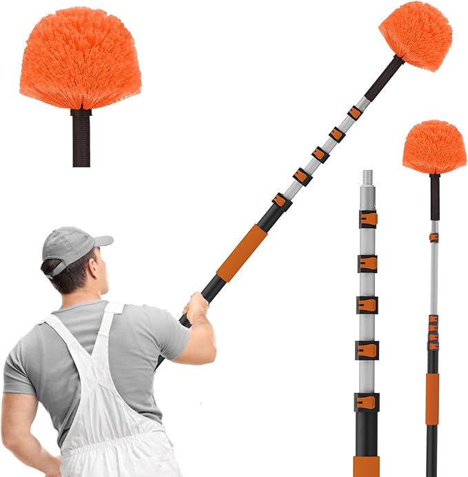 SISUPASSIE 30FT Reach Cobweb Duster with Extension Pole, High Ceiling Long Duster with 5-24FT Telescoping Pole, Spider Web Brush for Indoor Outdoor Use