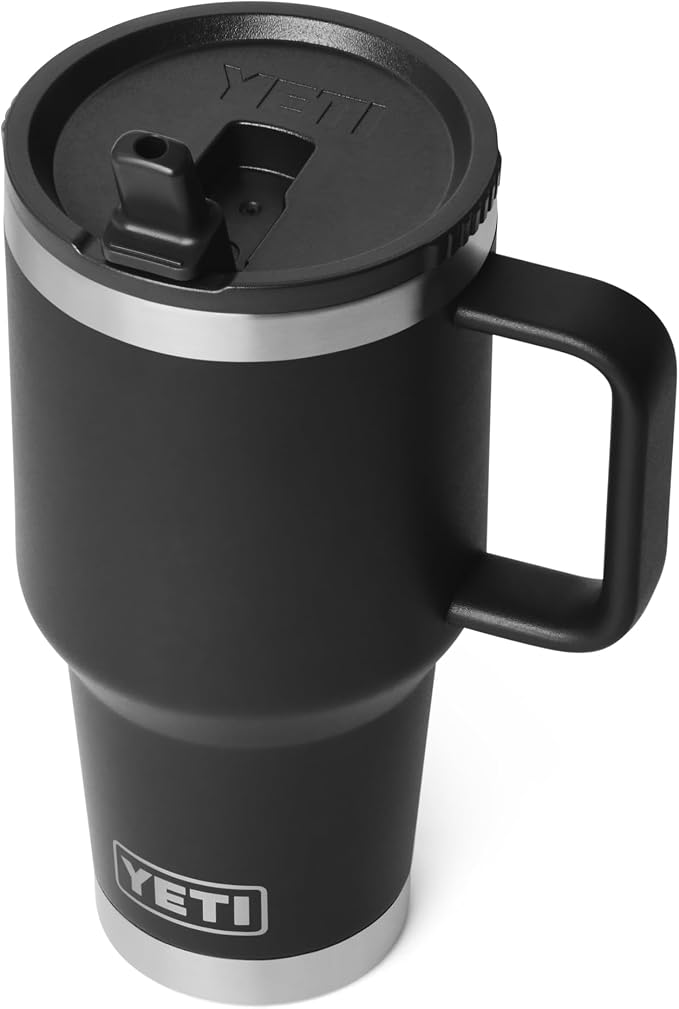 YETI Rambler 30 oz Travel Mug with Flip Straw Lid – Stainless Steel, Vacuum Insulated, Leakproof, Cup Holder Friendly, Black